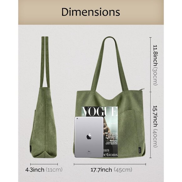 Women Green Corduroy Large Shoulder Tote Shopping Bag with Zipper and Pockets - Picture 5 of 13